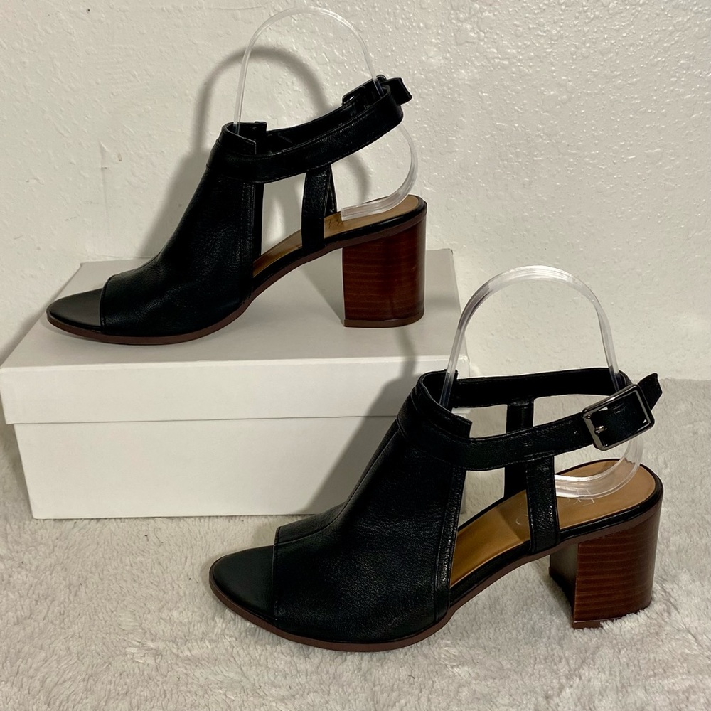 Franco Sarto Harlet Black Leather Block Heel Peep Toe Sandal Women’s Size 7.5M - Picture 2 of 10